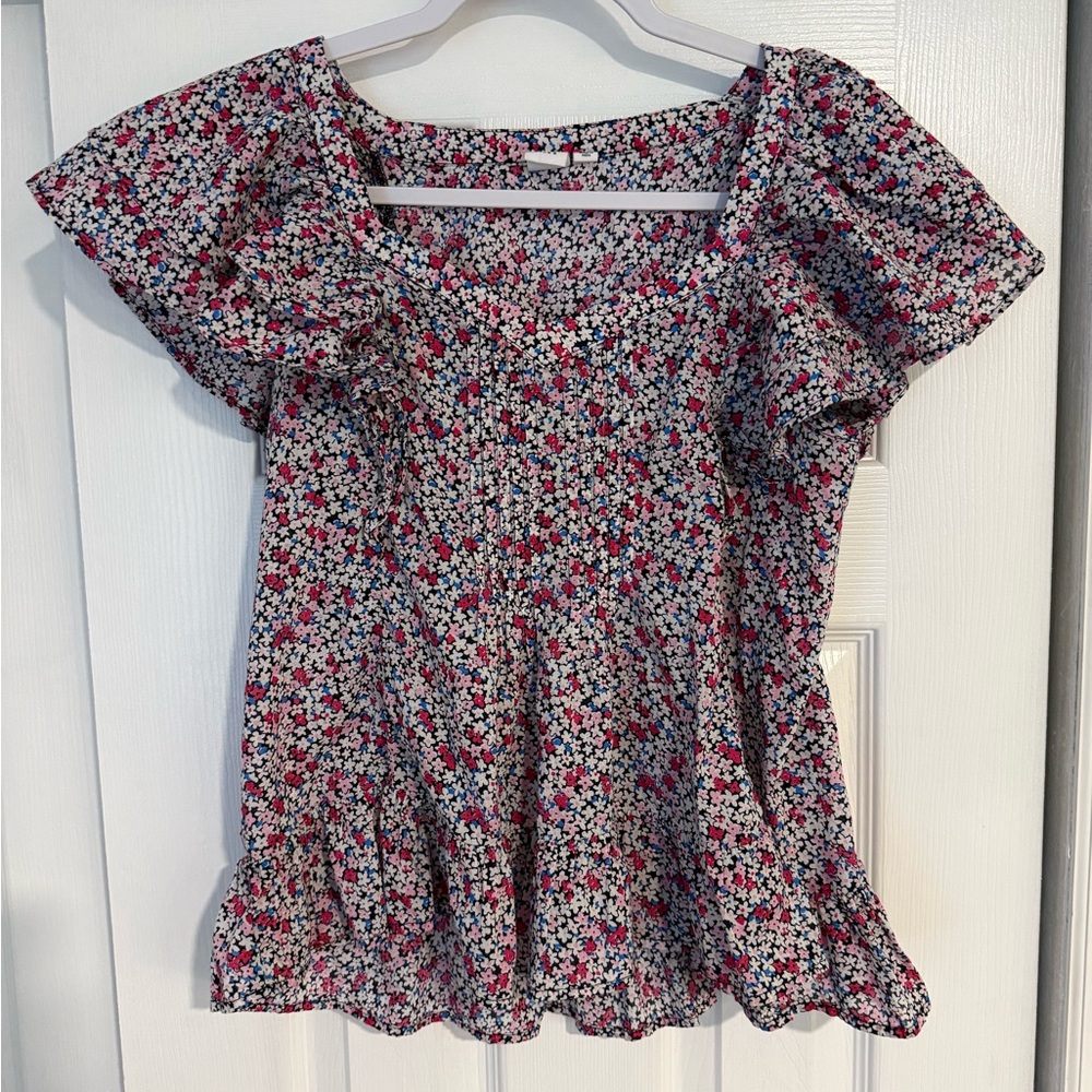 GAP Ruffled Peplum Blouse with Puff Sleeves in Pink and Red